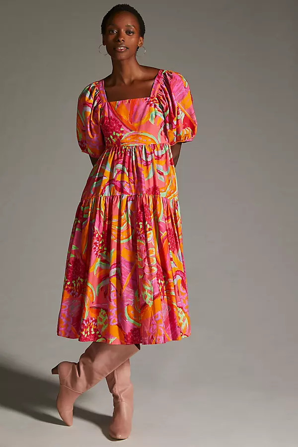 Farm Rio Puff-Sleeve Midi Dress By Farm Rio in Pink Size XS | Anthropologie (US)