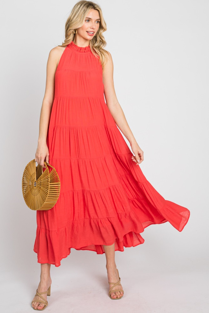 Coral Tiered High Neck Maxi Dress | PinkBlush Maternity