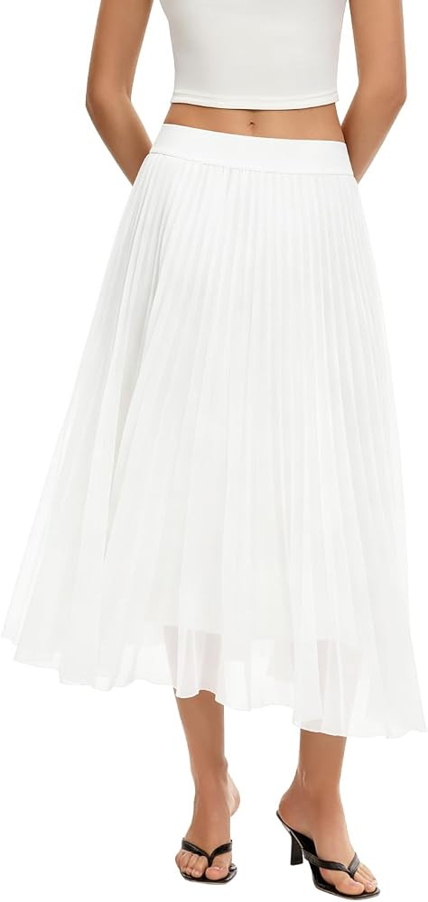 QINSEN Women's Elegant Flowy Pleated Chiffon Skirts Summer A-line Swing Midi Skirts Casual Elasti... | Amazon (US)