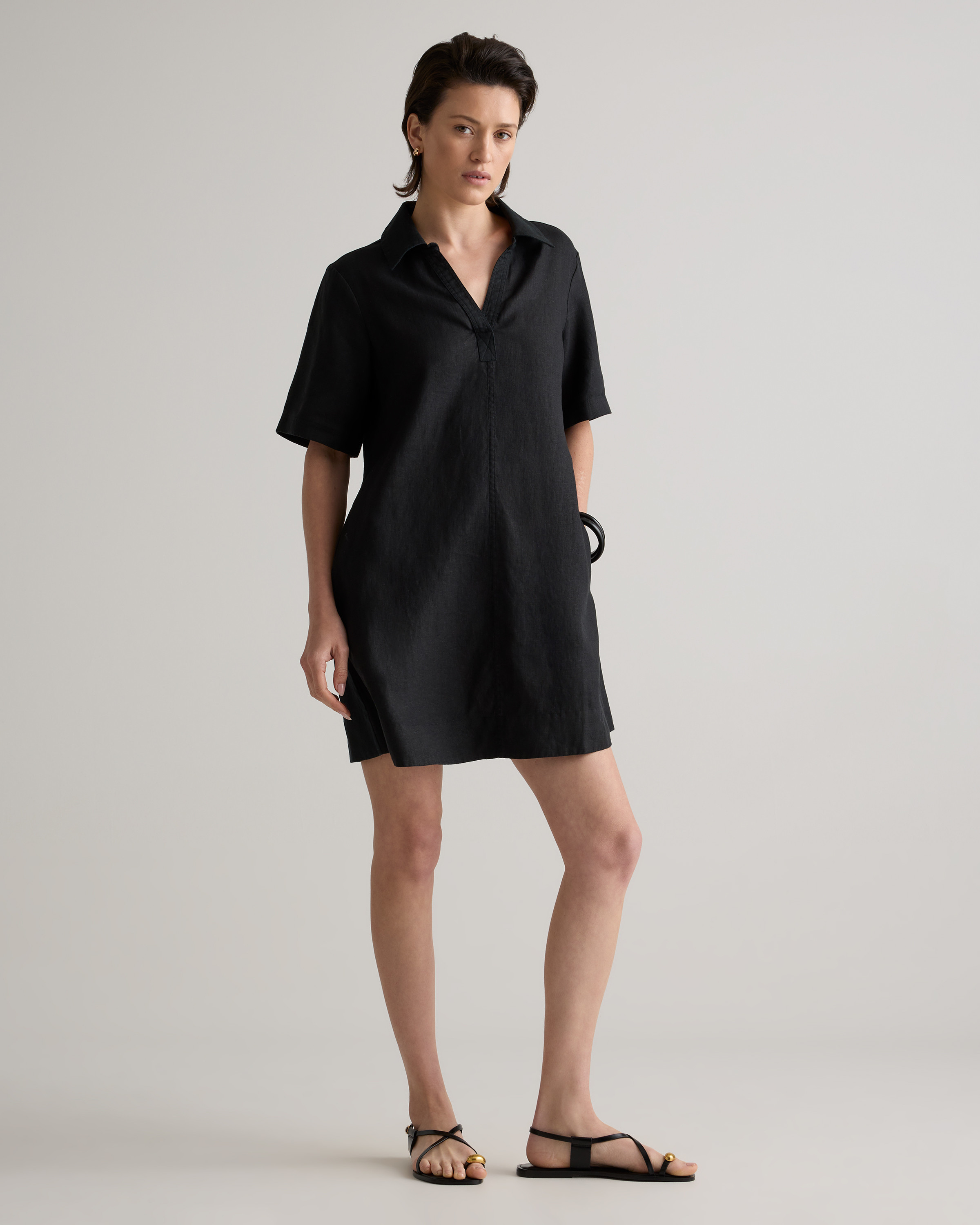 Quince | Women's 100% European Linen Popover Mini Dress in Black, Size Small | Quince