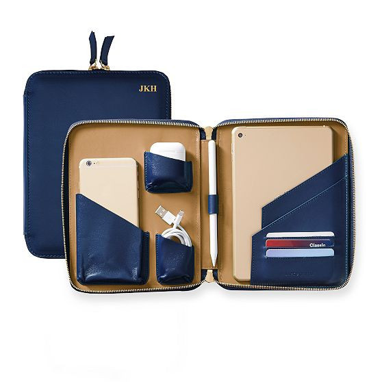 Essential Tech Folio, Small, Navy-Tan, Foil Debossed | Mark and Graham