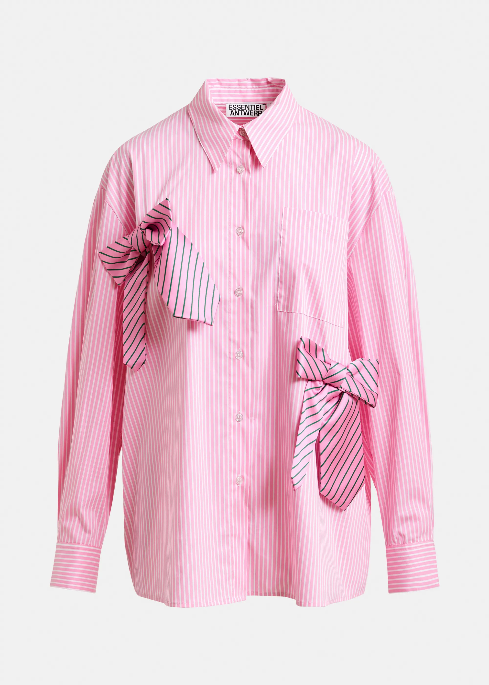 Pink, white and green striped oversized cotton shirt with tie bows | Essentiel Antwerp United Kin... | Essentiel Antwerp
