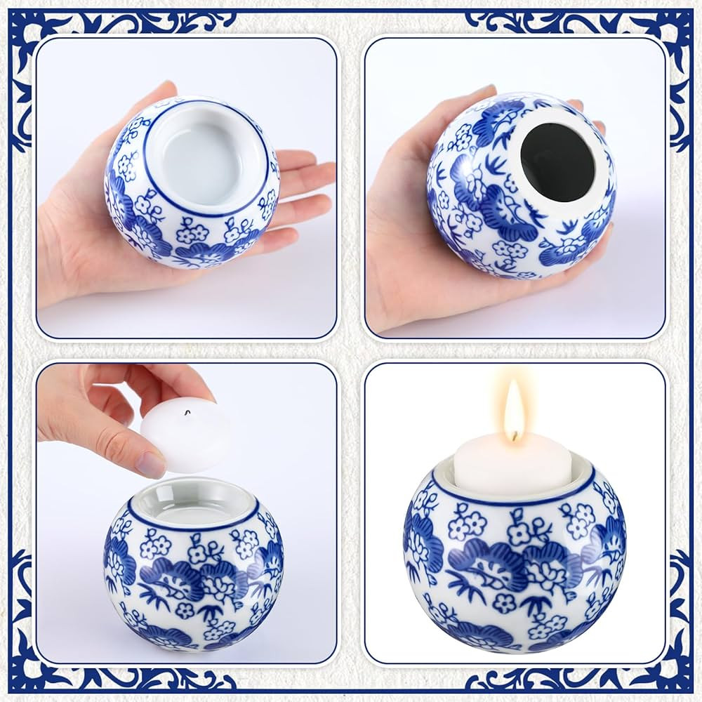 Soaoo 2 Pack Blue and White Candle Holder Chinoiserie Decor Porcelain Tealight Candleholders Voti... | Amazon (US)