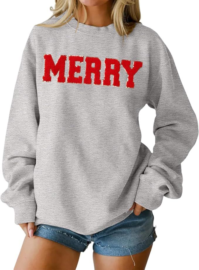 IZYJOY Christmas Women's Merry Graphic Sweatshirt Chenille Patch Letter Printed Crewneck Xmas Gif... | Amazon (US)