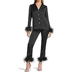 Women's Silk Satin Pajama Set Feather Trim Bridal Long Sleeve Pocketed Lounge Sets Sleepwear (Rem... | Amazon (US)