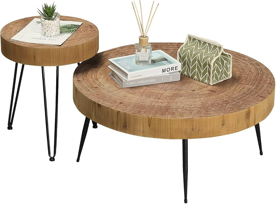 RUSTOWN Farmhouse Round Coffee Table Set of 2, Cocktail Table Set, Modern Circle Natural Wood Fin... | Amazon (US)