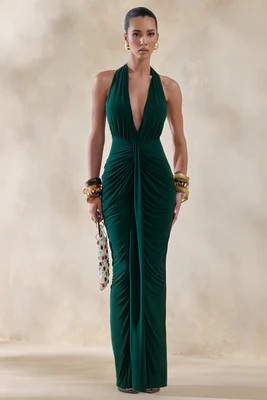 Lesley | Bottle Green Plunge-Neck Maxi Dress | Club L London