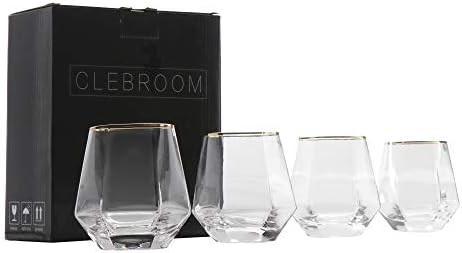 Gold Rimmed Diamond Whiskey Glasses Set of 4,Lead-Free Crystal Tilted Scotch Cocktail Glass Drink... | Amazon (US)
