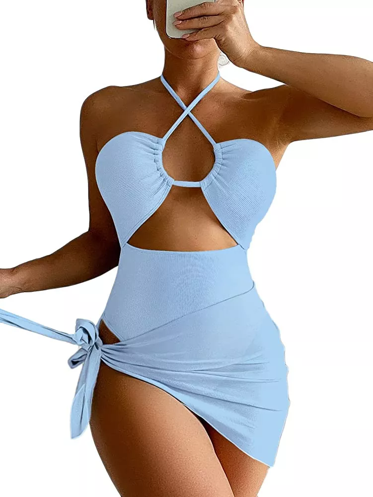 OYOANGLE Women's Plus Size 2 Piece Bikini Swimsuit Cut Out One Shoulder  High Waist Bathing Suit Swimwear