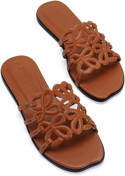 Brown Flat Sandals for Women 2026 Luxury Open Toe Dressy Slip On Sandals Comfortable Slides for S... | Amazon (US)
