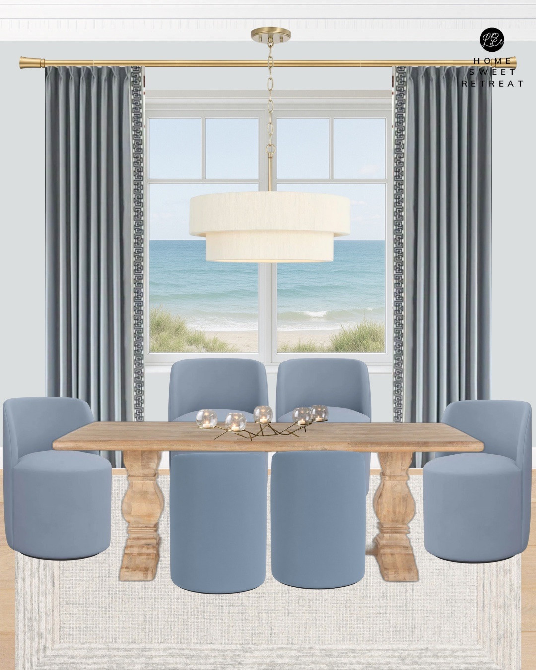 Classic coastal dining room featuring light blues and warm woods, a floral blue wallpaper and light furniture and accents 

#LTKSeasonal #LTKHome