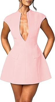 LuFeng Women's Summer Sexy Cap Sleeve Deep V Neck Zipper A-line Mini Dress Hollow Bodycon Night O... | Amazon (US)