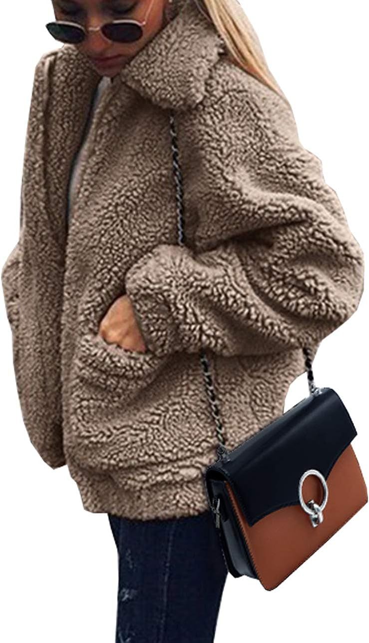 PRETTYGARDEN Women's Fashion Long Sleeve Lapel Zip Up Faux Shearling Shaggy Oversized Coat Jacket... | Amazon (US)