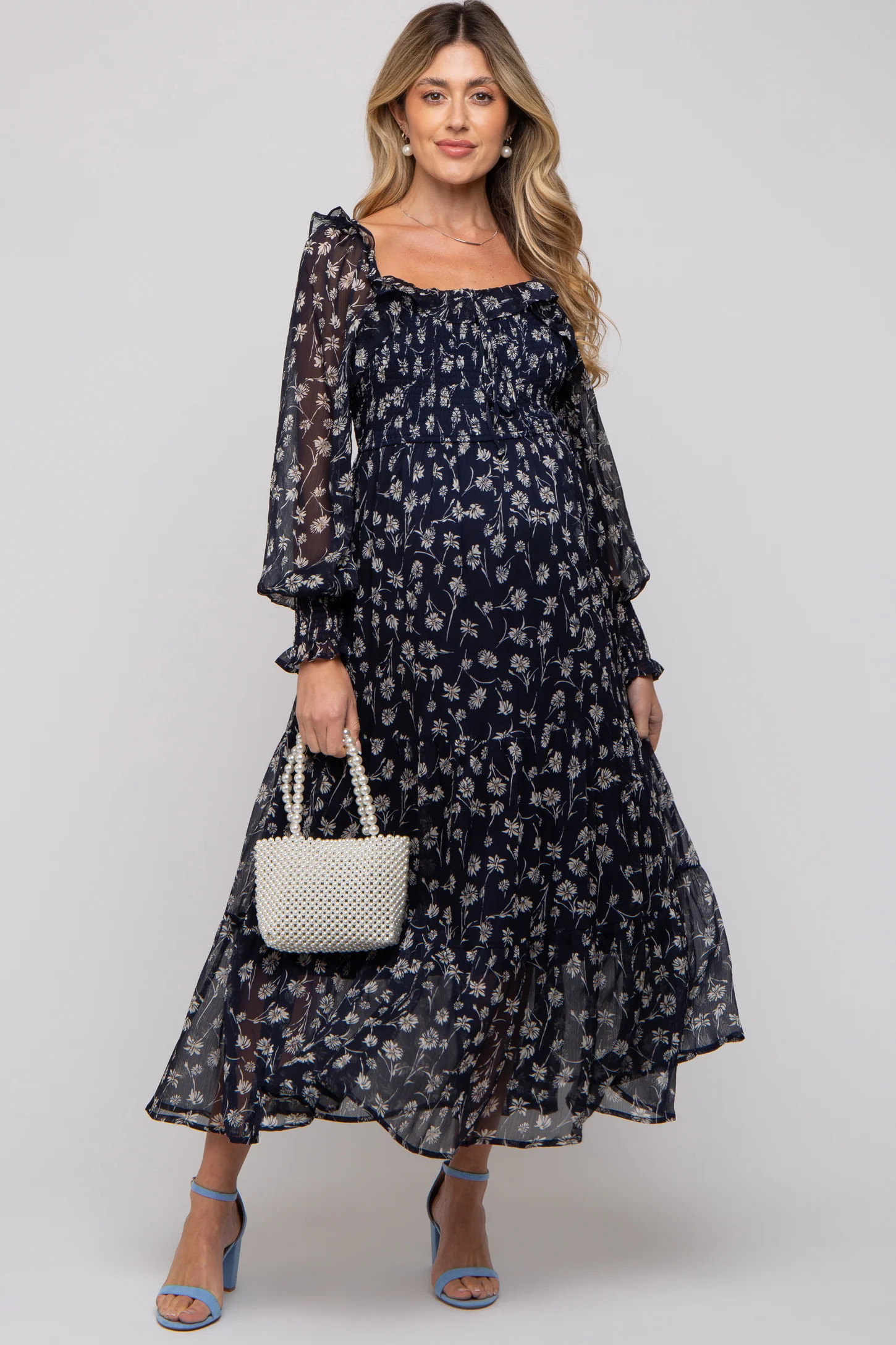 Navy Blue Floral Ruffle Square Neck Smocked Maternity Maxi Dress | PinkBlush Maternity