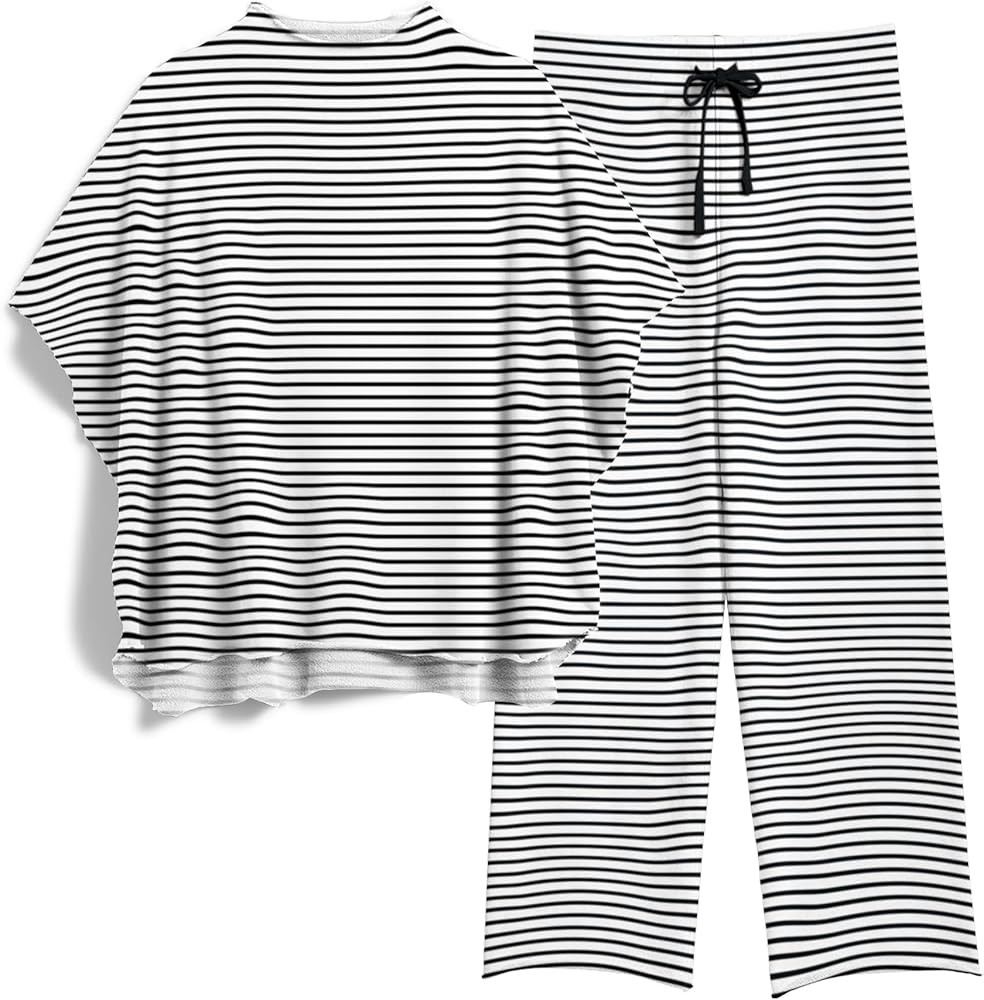 Women's Two Piece Outfits 3/4 Batwing Sleeve Capelet Crew Neck Pullover Top Wide Leg Pants Lounge... | Amazon (US)