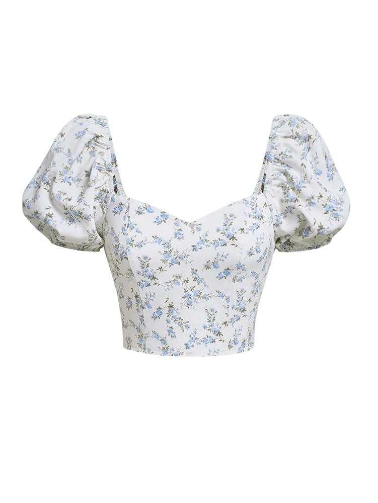 Floerns Women's Floral Print Puff Sleeve Tie Back Sweetheart Neck Crop Blouse Top | Amazon (US)