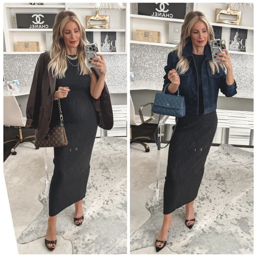 Spring dress season is officially HERE and this Quince cashmere blend ribbed midi dress is an absolute must. It’s under $100, insanely chic, and I literally own it in THREE colors because it’s that good. It’s ribbed, super slimming, and somehow manages to be form-fitting without feeling too tight (aka the holy grail). Plus… it’s wrinkle-free which makes it perfect for travel, errands, dinner dates, or those days you just want to look put together with zero effort. It also comes in 5 gorgeous colors and is the perfect piece to transition you right into spring! I styled it two ways for y’all: Look #1: paired with the real leather chocolate brown Quince blazer — such a timeless wardrobe staple I wear on repeat. 🤎 Look #2: styled with this stunning navy blue suede cropped jacket — the color combo with the gray is SO good and feels elevated but still effortless. ✨ Everything runs true to size. I’m wearing an XS in the dress and an XS in both jackets.  

 

#LTKdayinmylife #LTKgrwm #LTKOver40