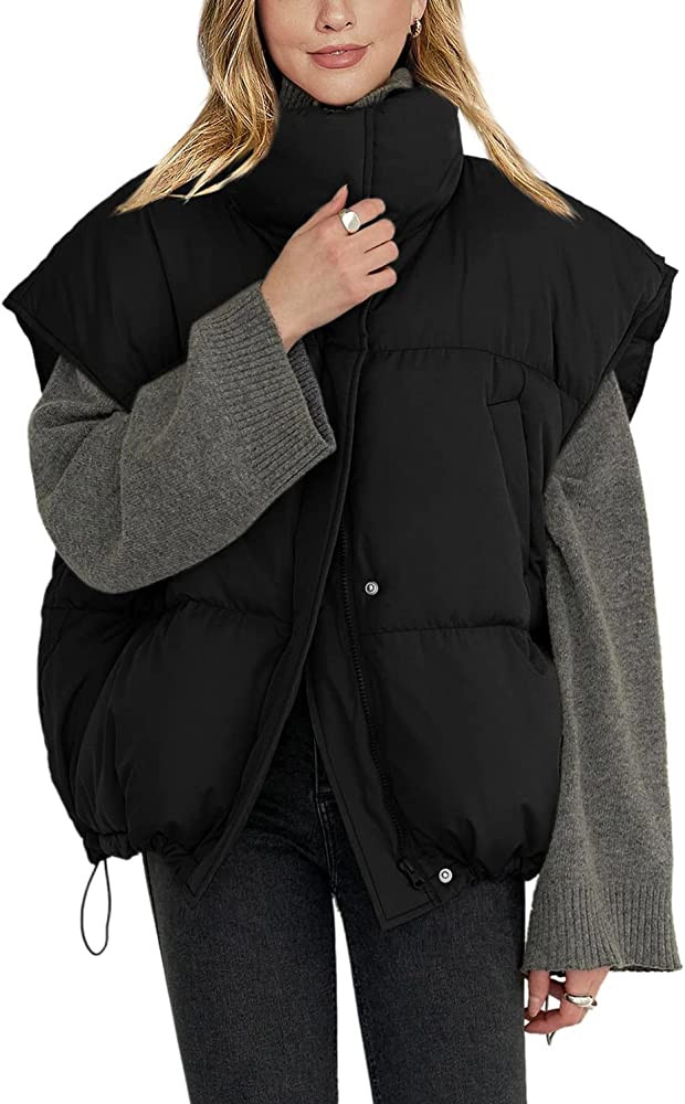 Veatzaer Womens Sleeveless Zip Puffer Vest Drawstrig Hem Oversized Stand Collar Warm Winter Coats | Amazon (US)