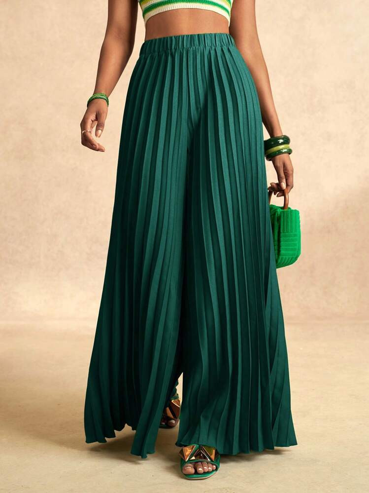 Zivah Elegant Elastic Waist Dark Green Pleated Large-Footed Extra-Long Wide-Leg Pants For Women P... | SHEIN
