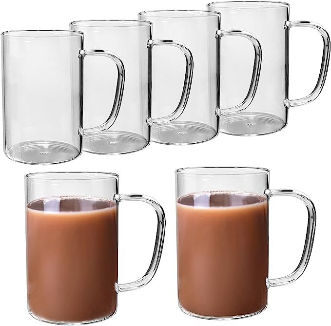 HORLIMER 10 oz Clear Coffee Mug Set of 6, Glass Coffee Cup for Tea Cappuccino Latte Milk Juice | Amazon (US)