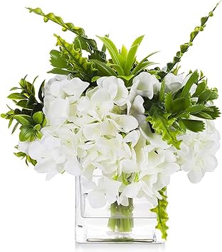 Amazon.com: Enova Floral Mixed Artificial Silk Cream Hydrangea with Greenery Fake Flowers Arrange... | Amazon (US)