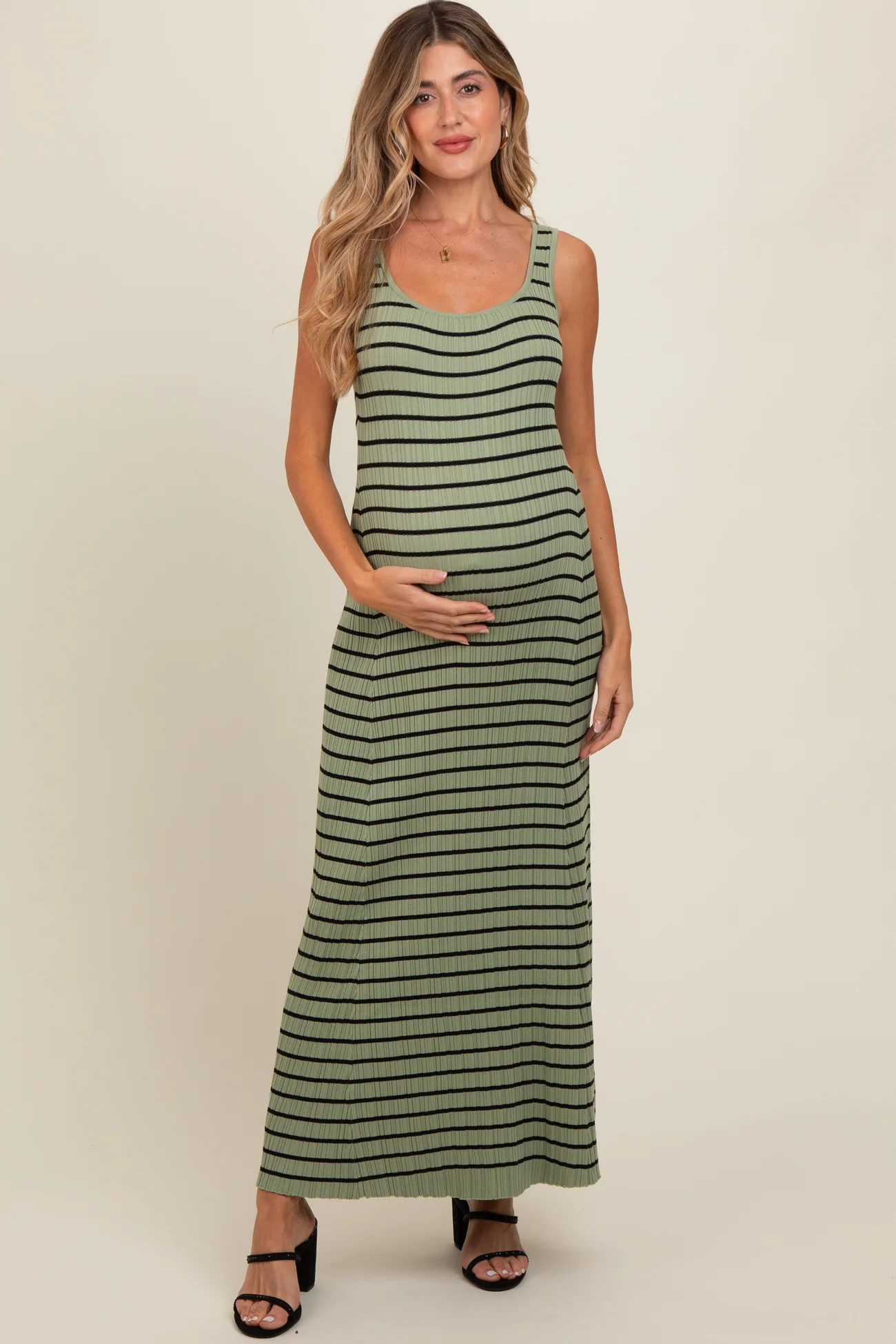 Light Olive Striped Sleeveless Maternity Maxi Dress | PinkBlush Maternity