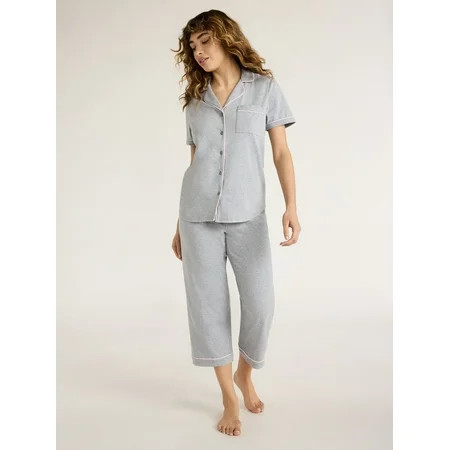 Joyspun Women s Cotton Blend Notch Collar Top and Capri Pants Pajama Set 2-Piece Sizes S to 4X | Walmart (US)