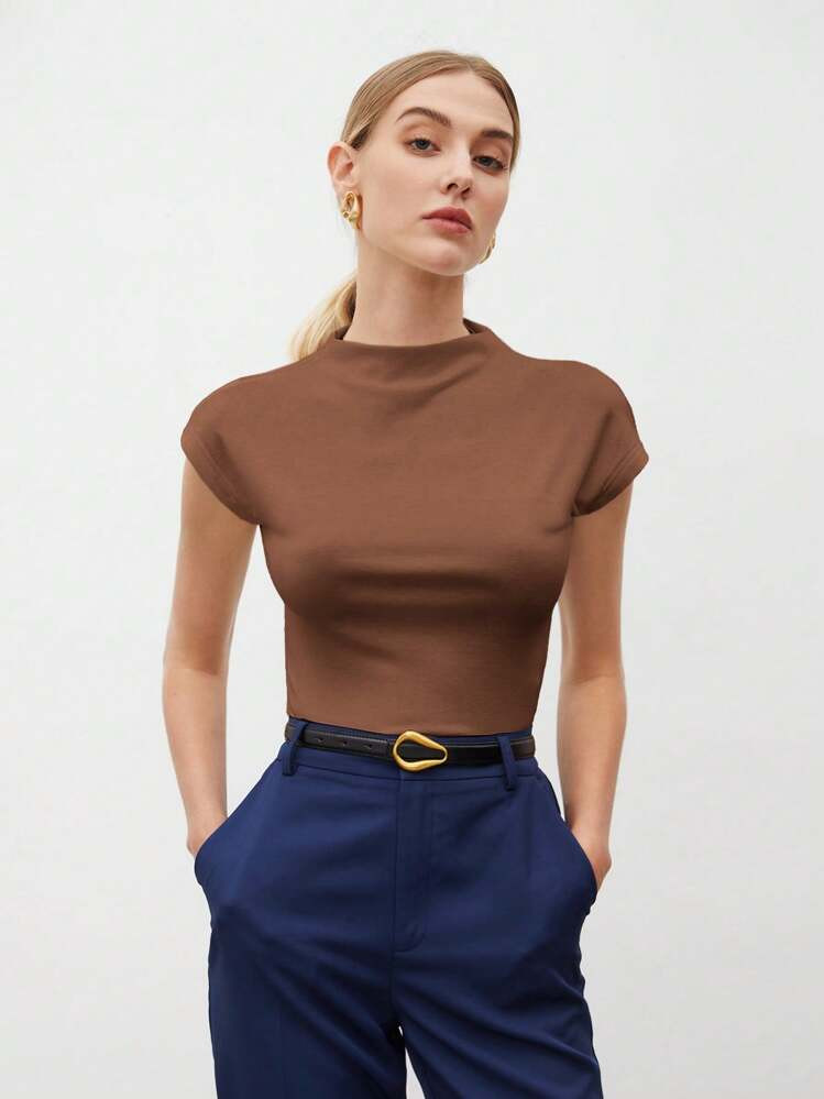 BizChic Women's Solid Color Pleated Elegant Short Sleeve T-Shirt, Business Casual For Women, Teacher Uniform, Office Wear, School, Basic Top, Vintage Style | SHEIN