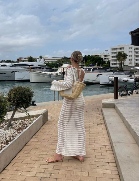 Summer outfit, crochet maxi dress, Loewe bag, beach day outfit, crochet, summer style, holiday outfit, dune sandals, beach bag, holiday style

#LTKsummer #LTKstyletip #LTKtravel