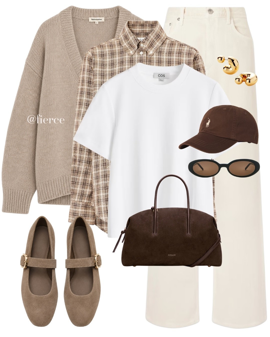 Checked plaid shirt cream jeans cream v-neck sweater chocolate brown suede bag brown baseball cap suede ballet flats

#LTKuk #LTKautumn #LTKeurope