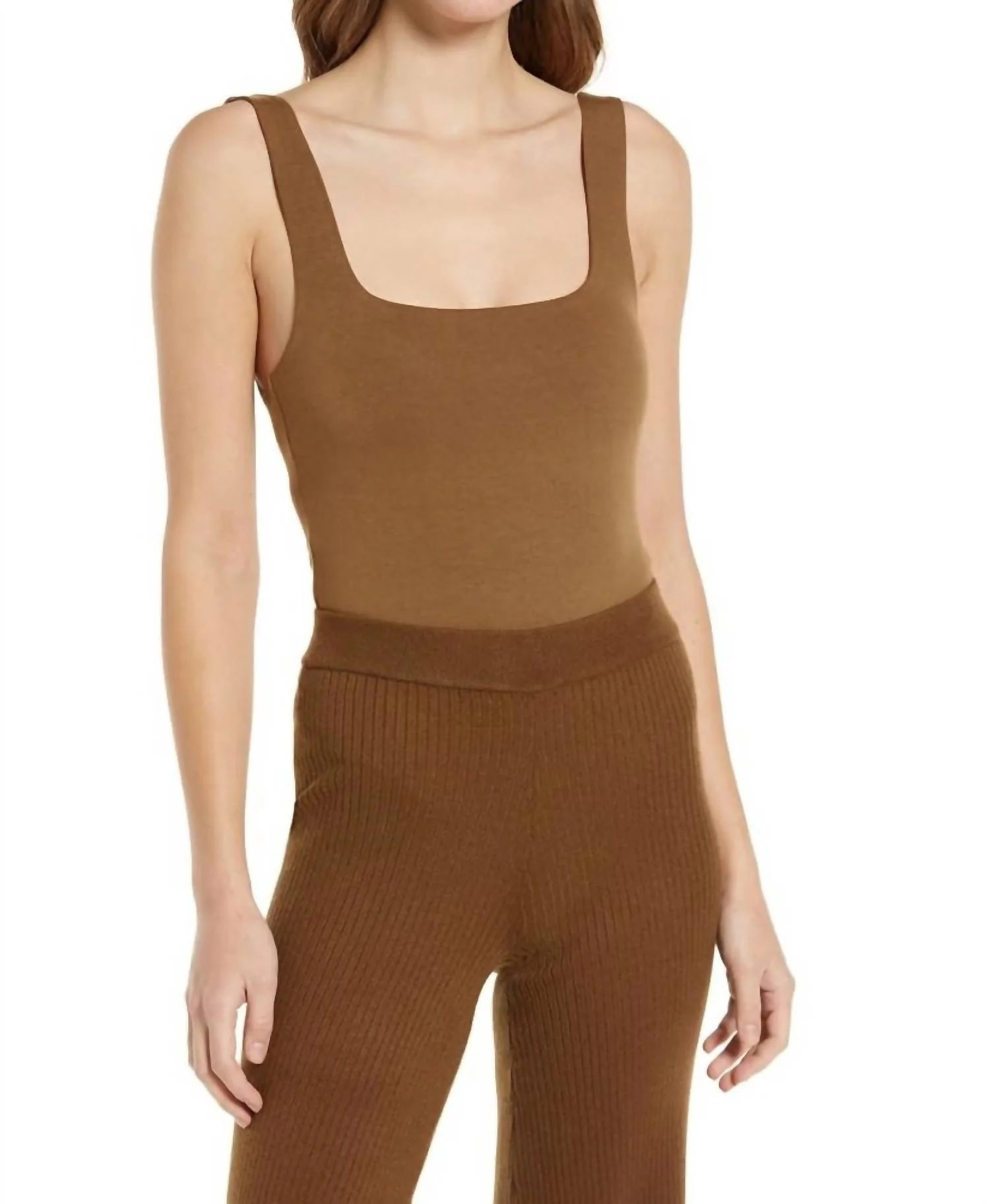 Square Neck Tank Bodysuit In Brown | Shop Simon