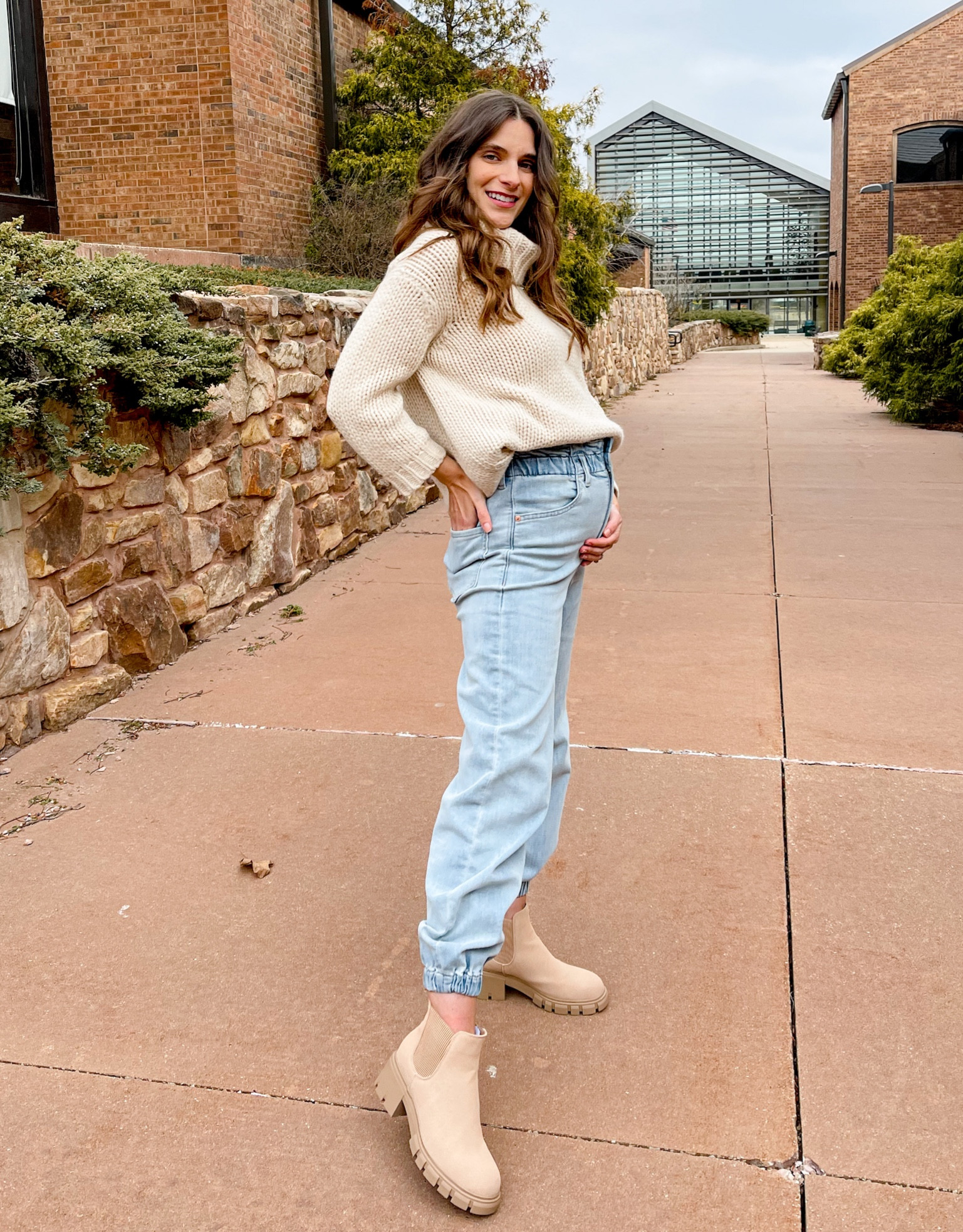Amazon Chelsea boots. They are water proof, come in lots of colors (wearing the color nude) and are comfy. Perfect to slip on this winter. Boots fit tts or you can go up 1/2 size if you want to wear thick socks with them.  Jeans still fit my 23 week belly thanks to the stretchy waist band. Jeans fit tts. Jcrew chunky sweater no longer available so I linked a similar one from Amazon here. 

#LTKunder50 #LTKshoecrush #LTKSeasonal