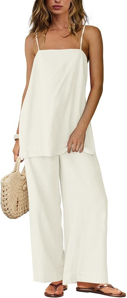 SENSERISE Linen Sets for Women 2 Piece Set Summer Beach Vacation Outfits Spaghetti Strap Tank Top... | Amazon (US)