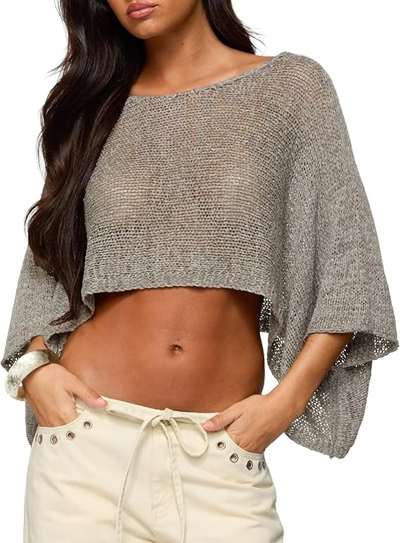 Womens Summer Knit Sheer Poncho Crop Tops Oversized Beach Cover Up Sexy Lightweight Crochet Shrug... | Amazon (US)