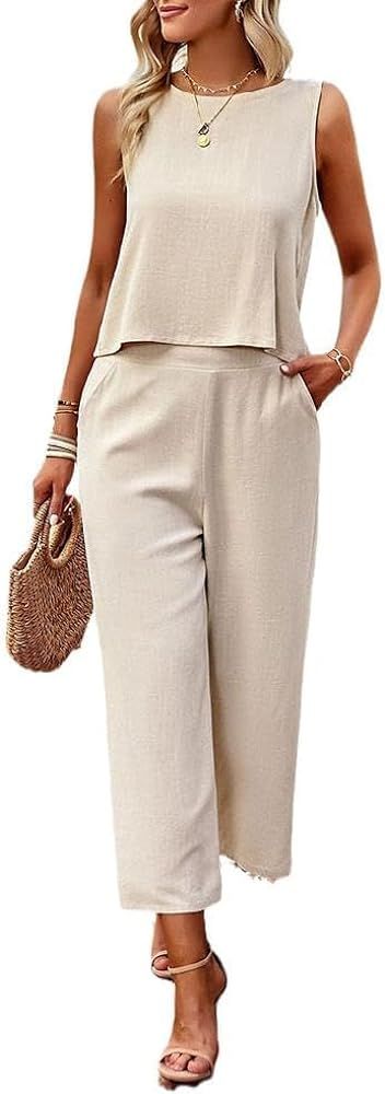 DMOYALA Two Piece Summer Outfits for Women Linen Pants Suits Casual Sleeveless Crop Top and Wide ... | Amazon (US)