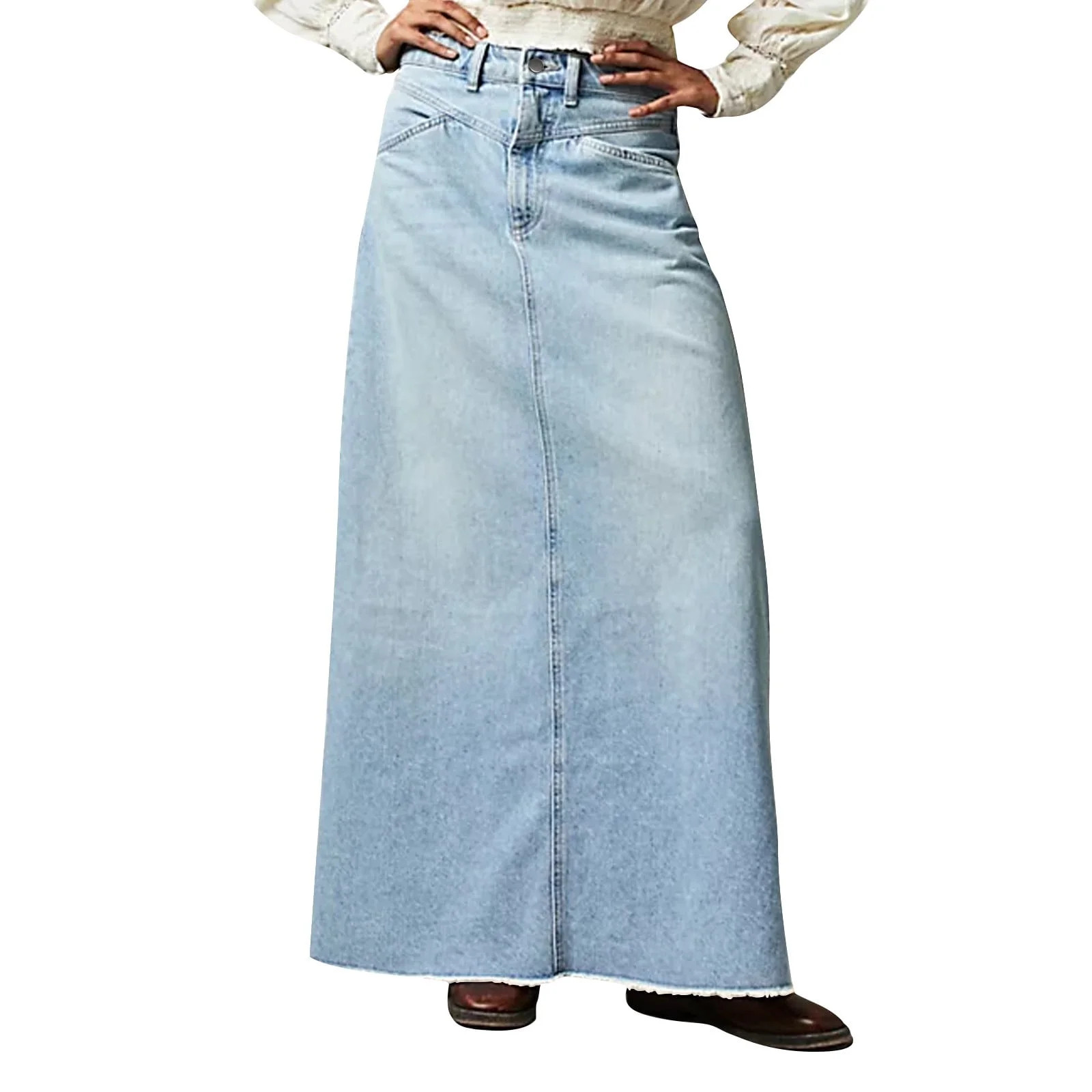 Mohiass Women Trendy Denim Maxi Skirt High Waist A-Line Frayed Hem Loose Long Jean Skirt Light Bl... | Walmart (US)