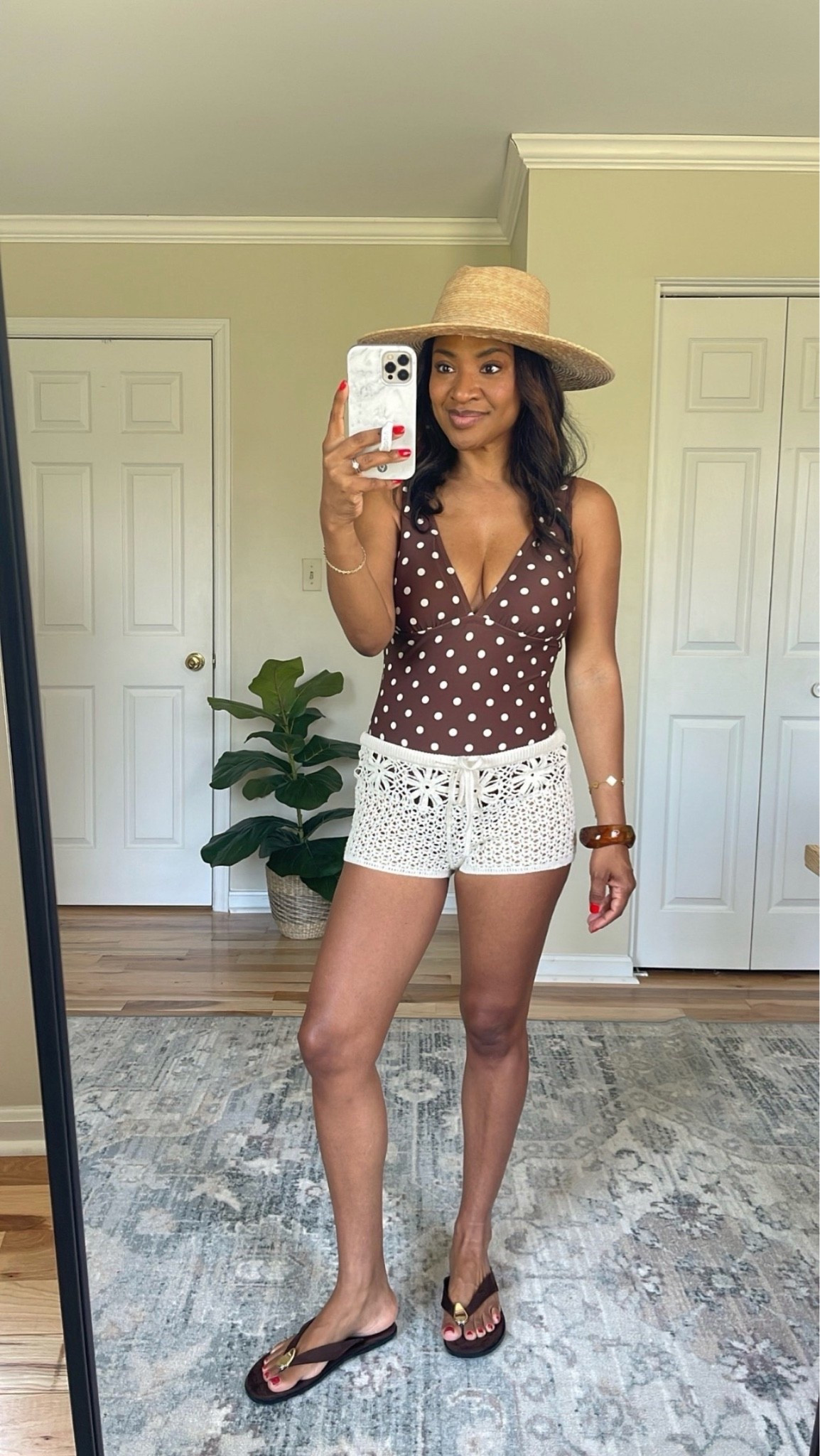Wearing a medium in the  one piece wearing a size small in the crochet shorts sandals are true to size ￼

#LTKOver40 #LTKTravel #LTKSwim