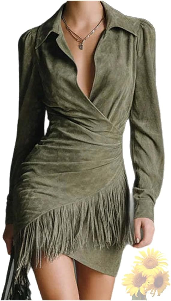 Women's Western Suede Fringe Dress Long Sleeve Lapel Zip Front Vintage Cowgirl Style Slim Fit Irr... | Amazon (US)