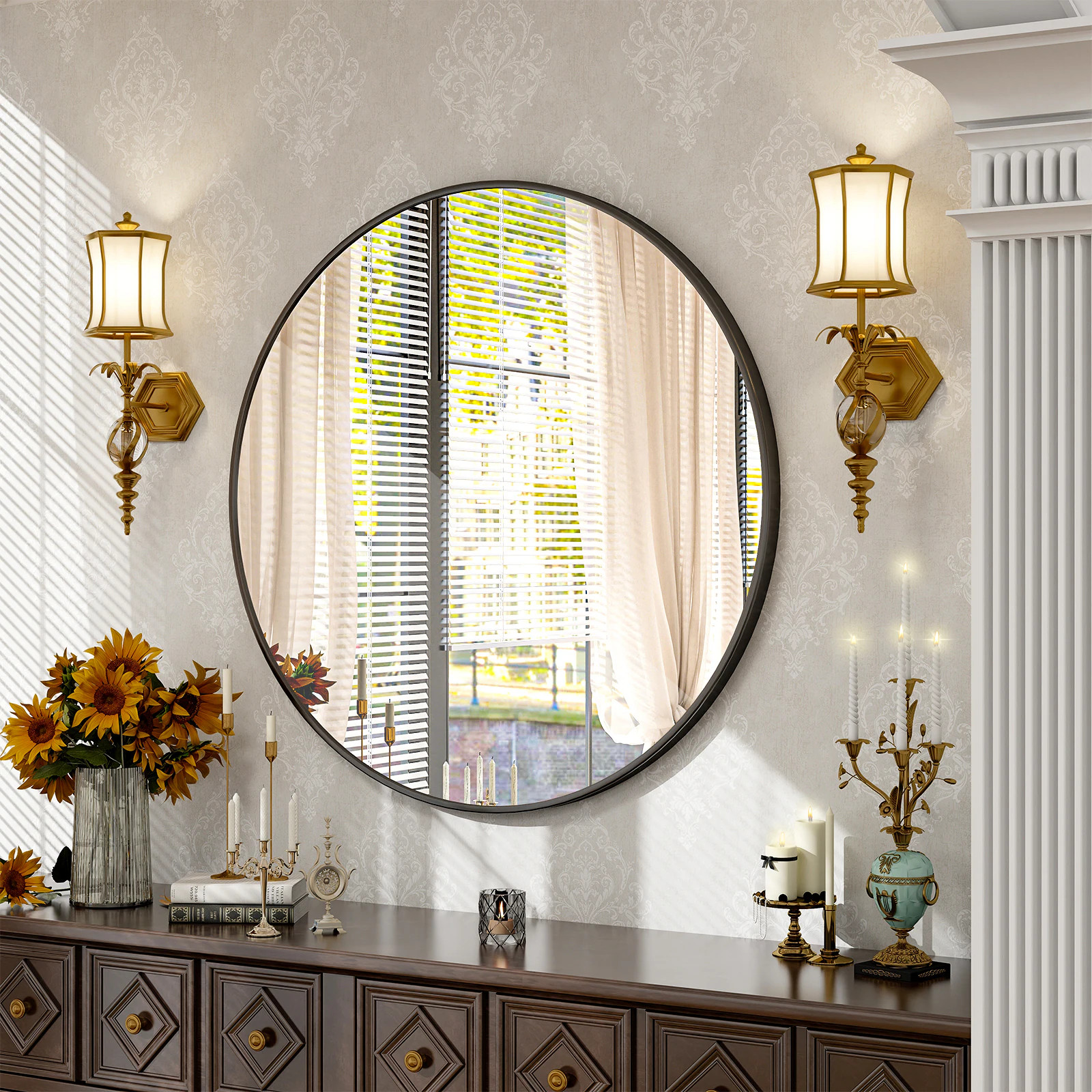 BEAUTYPEAK 36-in W x 36.0-in H Round Black Framed Wall Mirror | RM36B | Lowe's