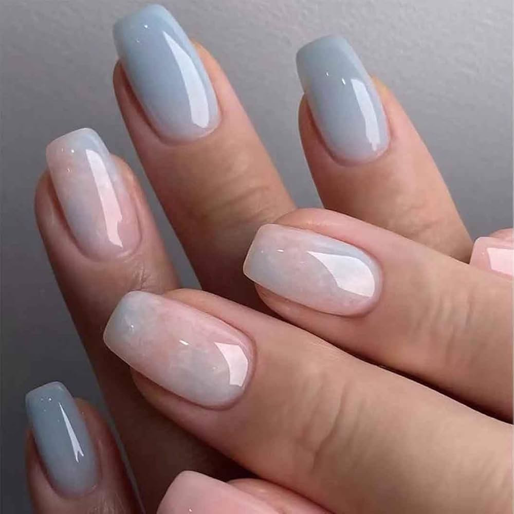 Medium Press on Nails Coffin Fake Nails Blue Nails Glossy Full Cover Nails for Women 24 PCS/Set | Amazon (US)