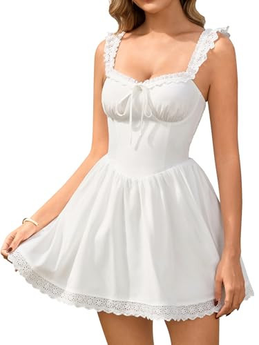 Auraxe Corset Graduation Short Dress Summer Floral Mini Lace Dress Flowy A Line Smocked Sundress Cute Dresses 2026 White | Amazon (US)