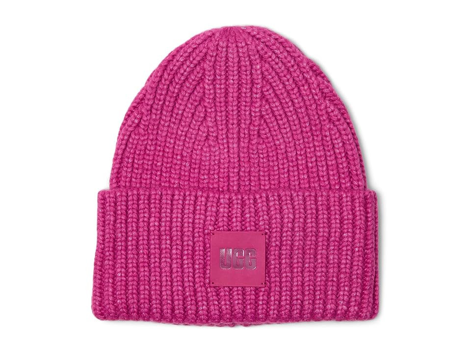 UGG Chunky Rib Beanie with UGG Logo Women's Beanies Chroma Pink, Wool/Nylon/Acrylic | Zappos