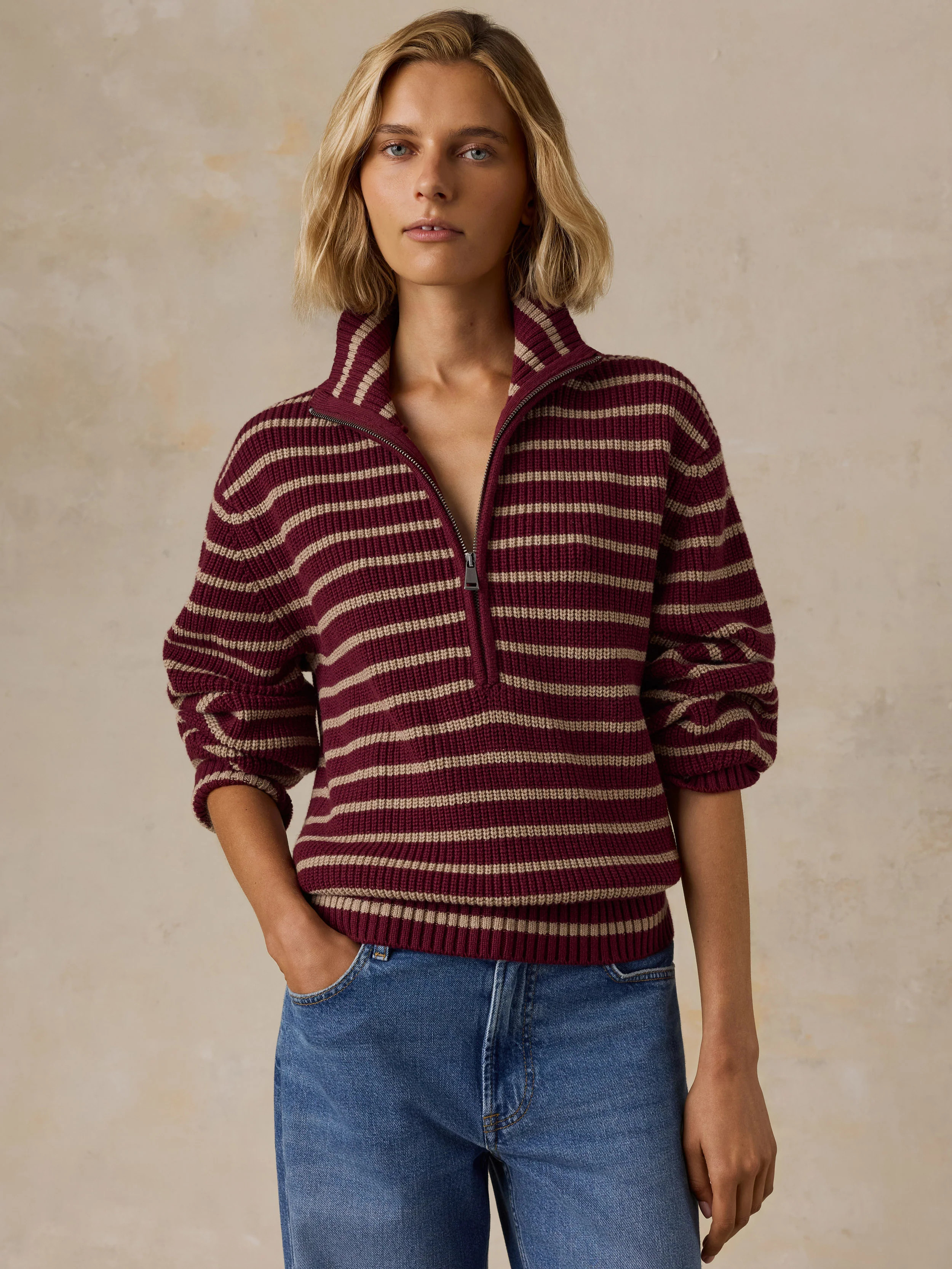 Northshore Quarter Zip - Maroon Stripe | Faherty