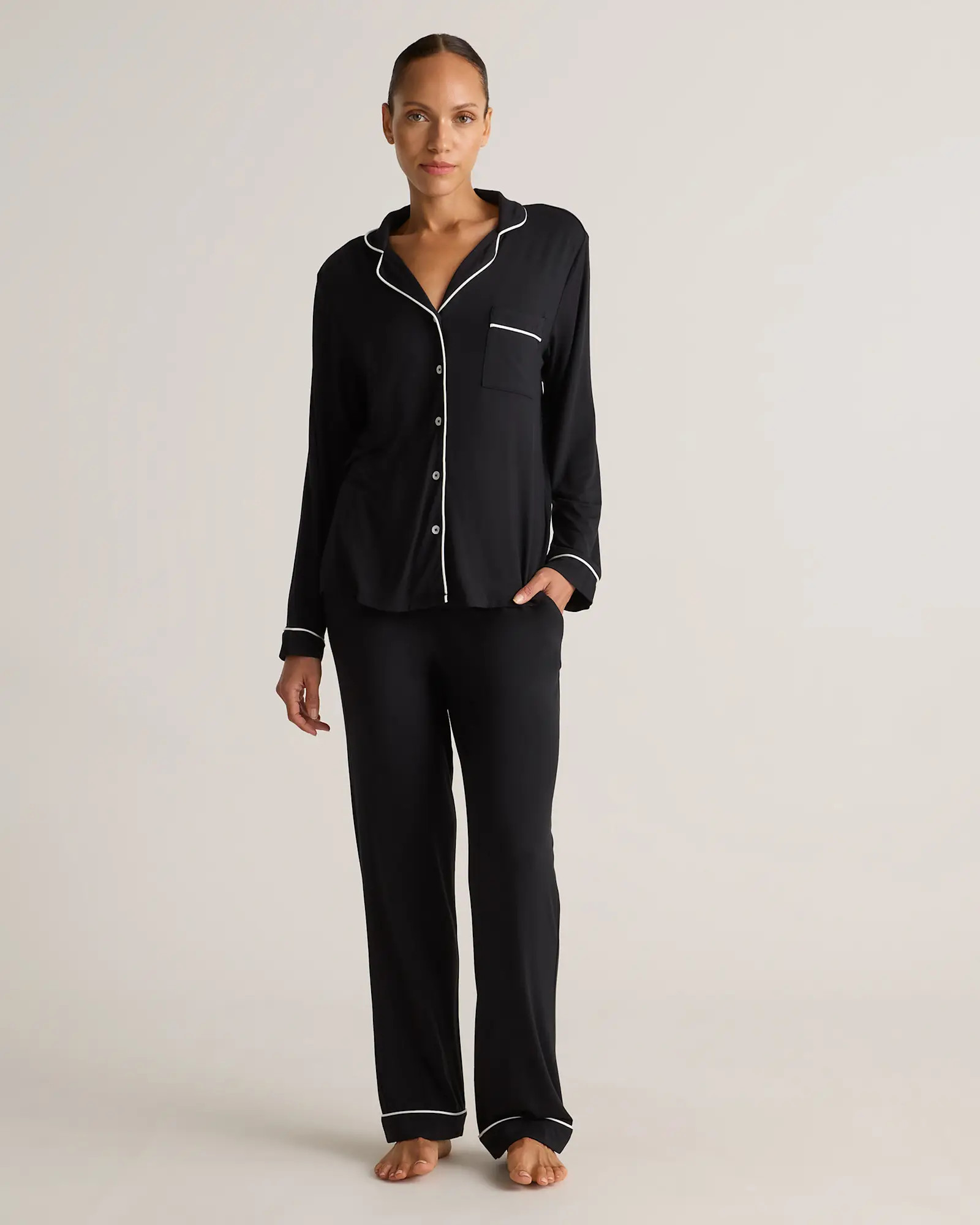 Bamboo Jersey Long Sleeve Pajama Set in True Black | Quince