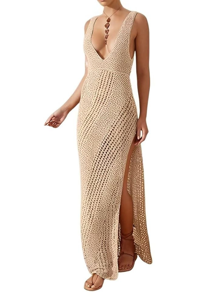 Crochet Swimsuit Coverup Womens Summer Sleeveless Hollow Out Knit Sexy V Neck Side Split Long Bea... | Amazon (US)