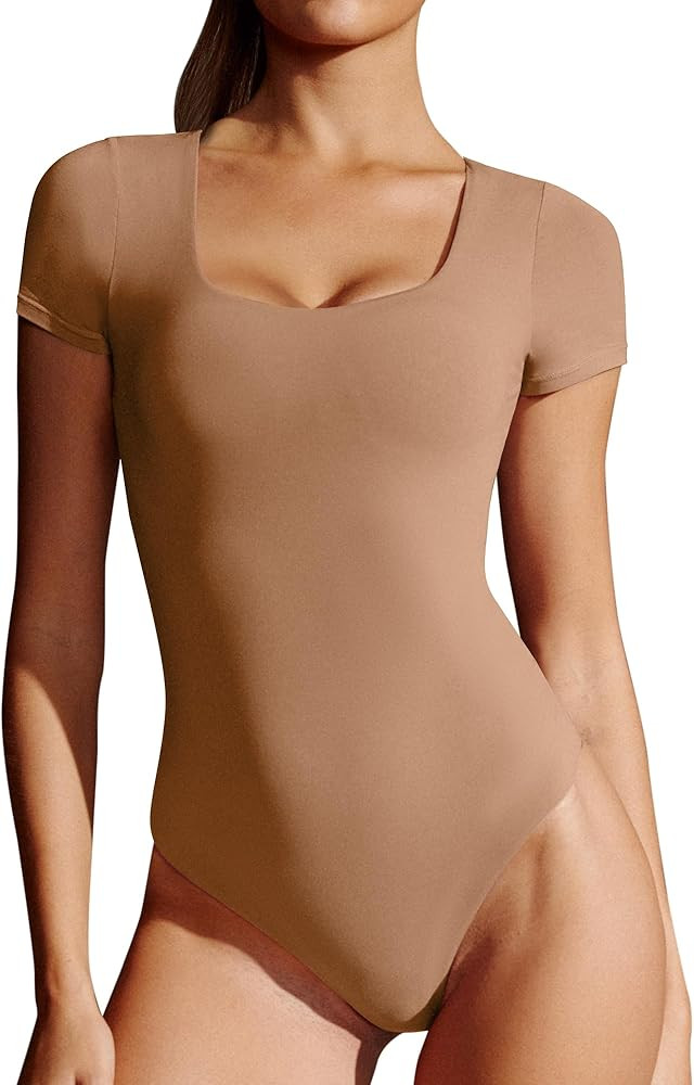 Ewedoos Bodysuits for Women Tummy Control Double Lined Short Sleeve Bodysuit Scoop Neck Body Suit... | Amazon (US)