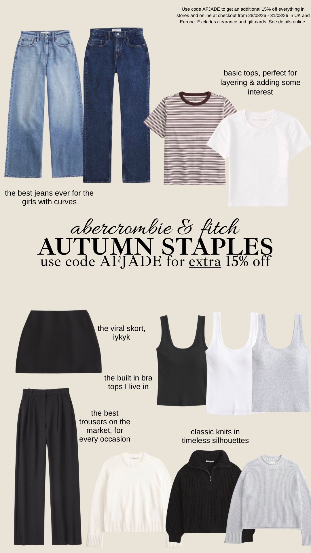 The Abercrombie & Fitch sale is on and the absolute perfect time to pick up some autumn wardrobe staples 🍁😍🫶🏻 use my code AFJADE for an extra 15% off on top of the sale price 👏🏻 ad

I wear the below sizes:
Jeans - 31R
Bra tops - M
Everything else - L

#LTKautumn #LTKuk #LTKmidsize