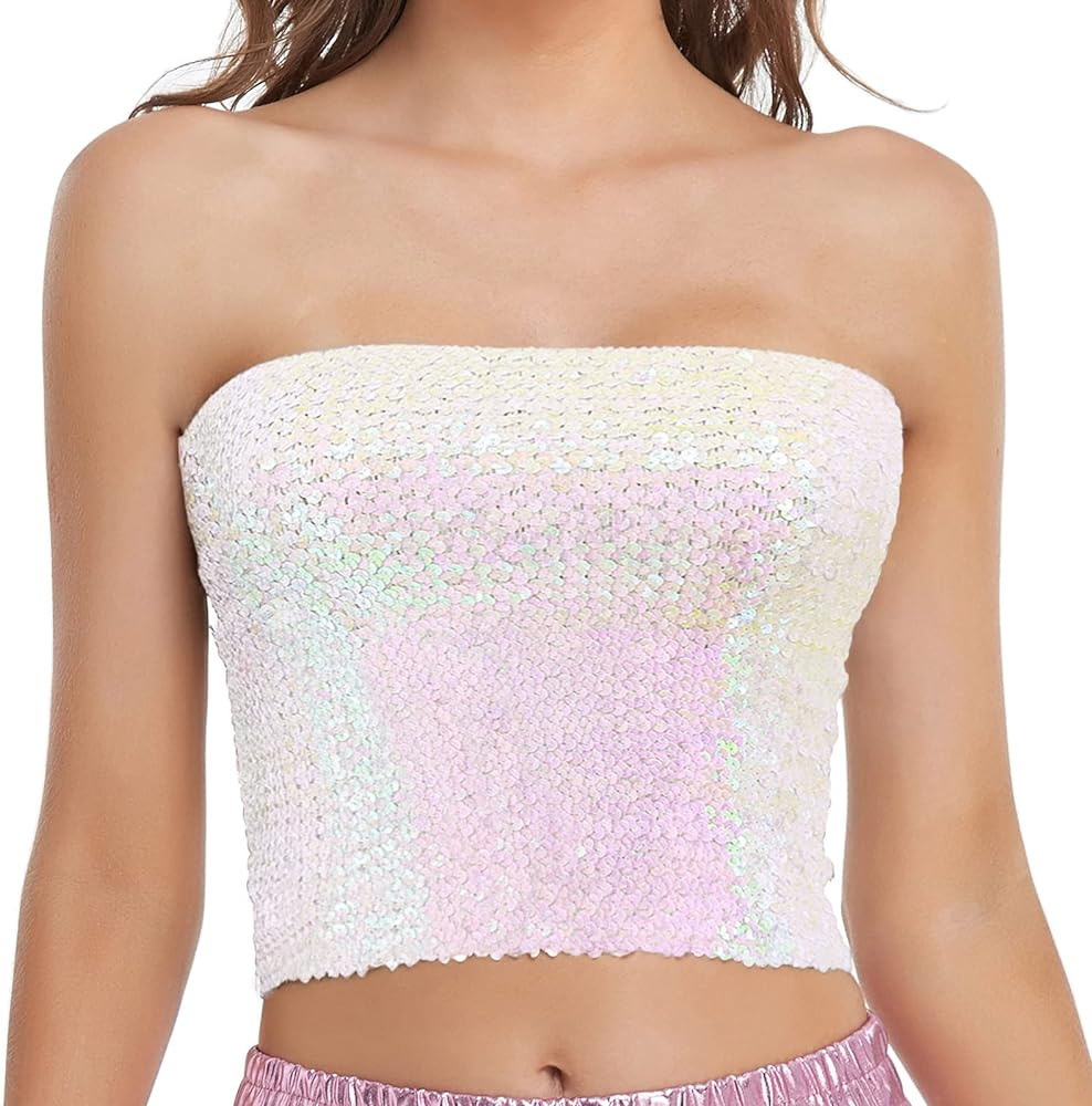 Womens Sparkly Sequin Mermaid Crop Tops, Strapless Metallic Tube Tops for Party Clubwear | Amazon (US)