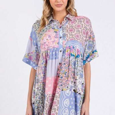 Womens Casual Boho Chic Patchwork Floral Print Button Down Babydoll Swing Dress Pink Blue Multi Color Short Sleeve Collared Knee Length Loose Fit Ligh | SHEIN