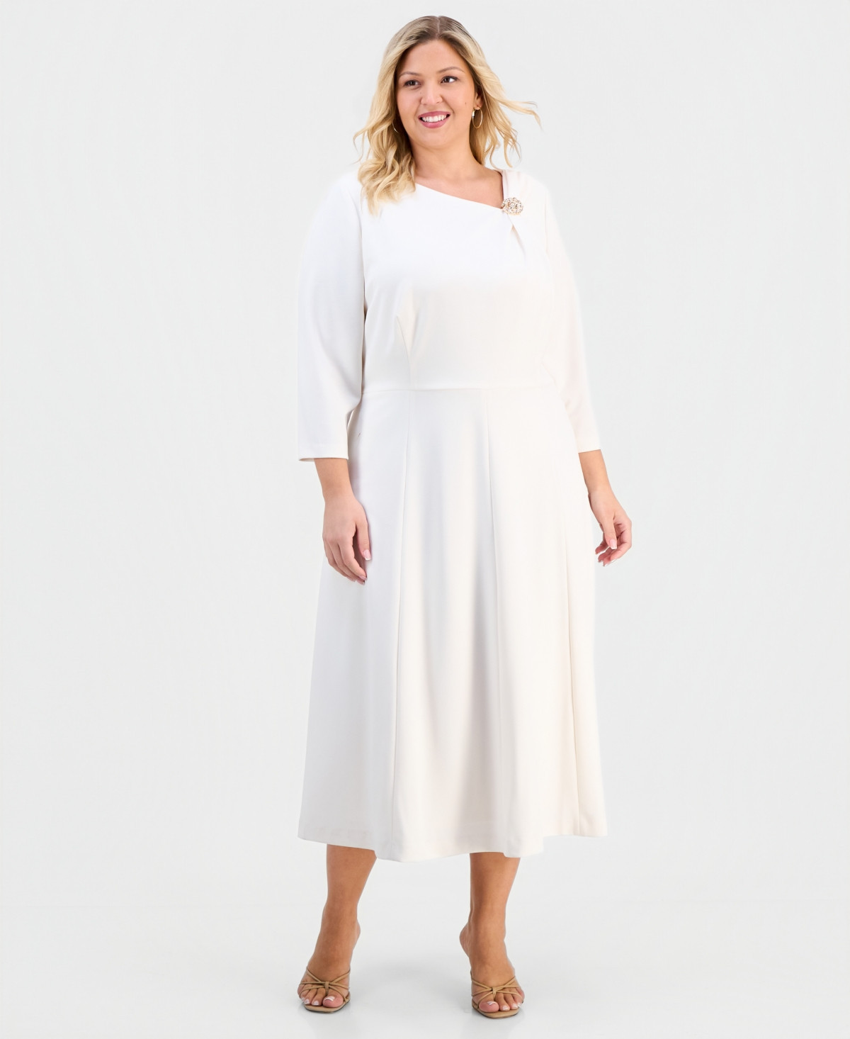 Anne Klein Plus Size Asymmetric-Neck 3/4-Sleeve Midi Dress - White Dove | Macy's